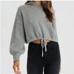American Eagle Gray Balloon Drop Sleeve Cropped Knit Hoodie Size S